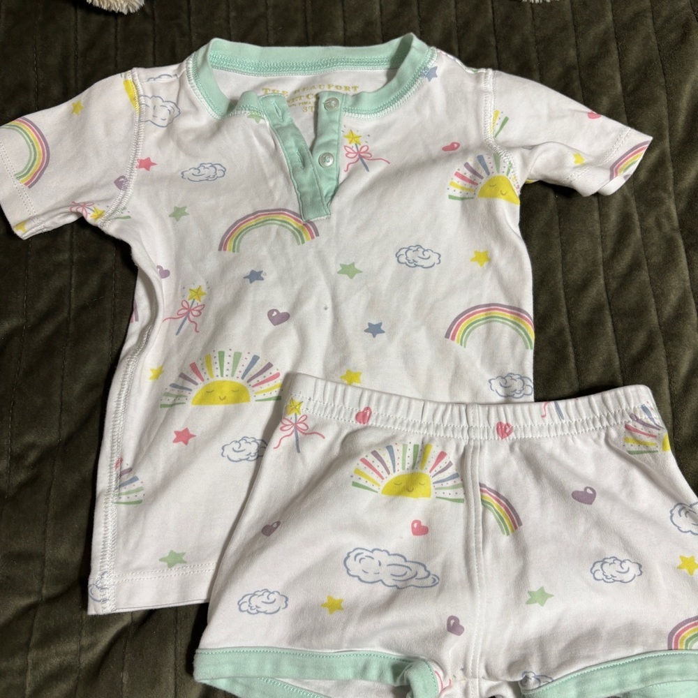The Beaufort Bonnet Company Rainbow and Sun Pajama Set - White and Mint